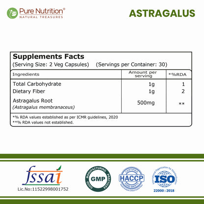Astragalus Root Extract 500mg | 60 Veg Capsules | Astragalus membranaceus