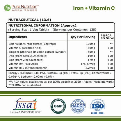 Iron + Vitamin C Tablets 120 | With Zinc, Vitamin B12, Folic Acid, Beetroot & Ginger