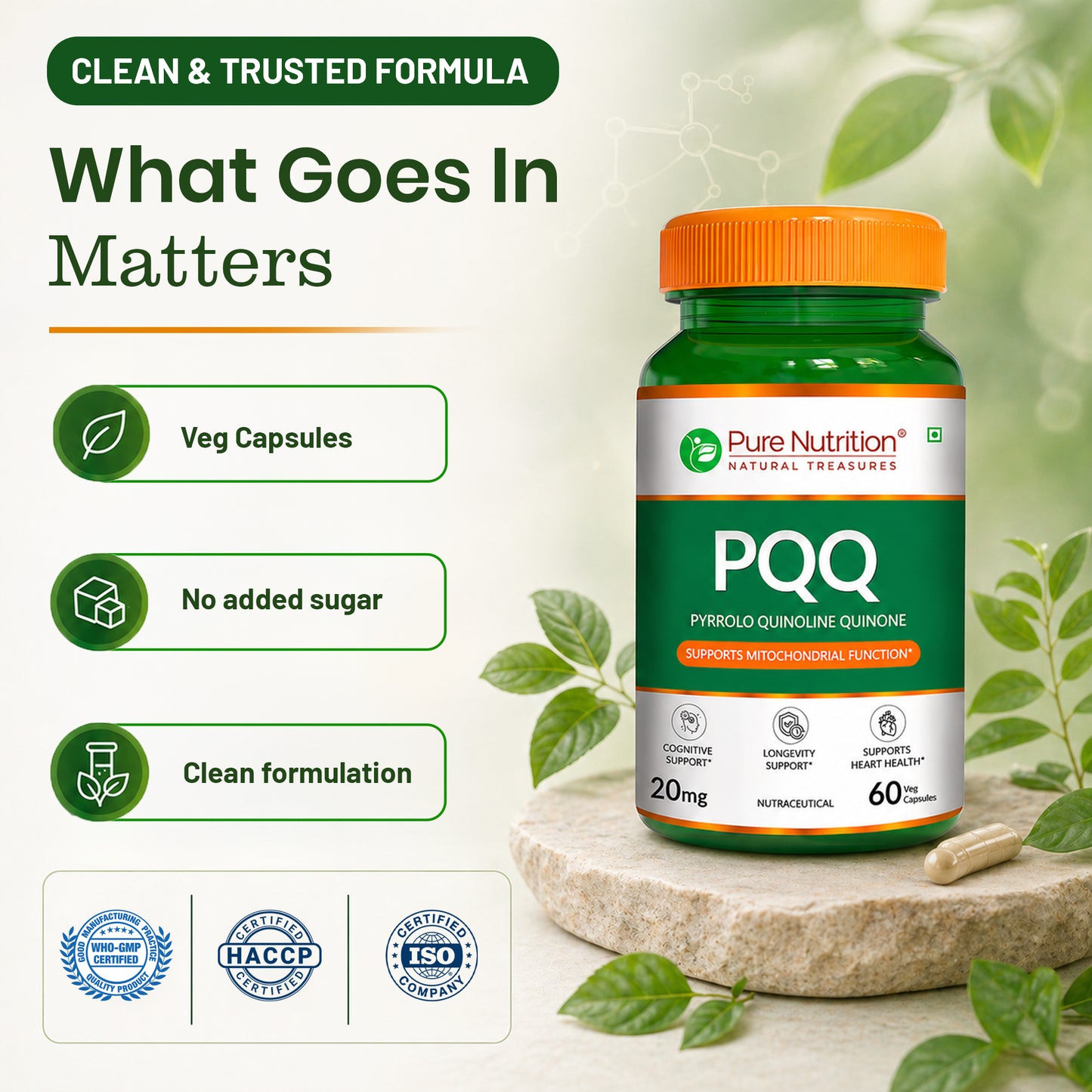 Pure Nutrition PQQ – 60 Veg Capsules | Pyrroloquinoline Quinone Supplement