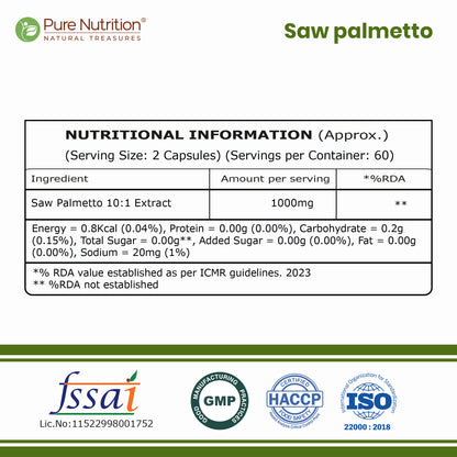 Saw Palmetto 10:1 Extract 1000mg | Supports Men's Health & Hormonal Balance | 120 Veg Capsules