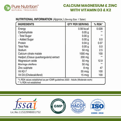 Calcium Magnesium Zinc with Vitamin D3 & K2  Bone & Muscle Support | 60 Tabs | 120 Tabs