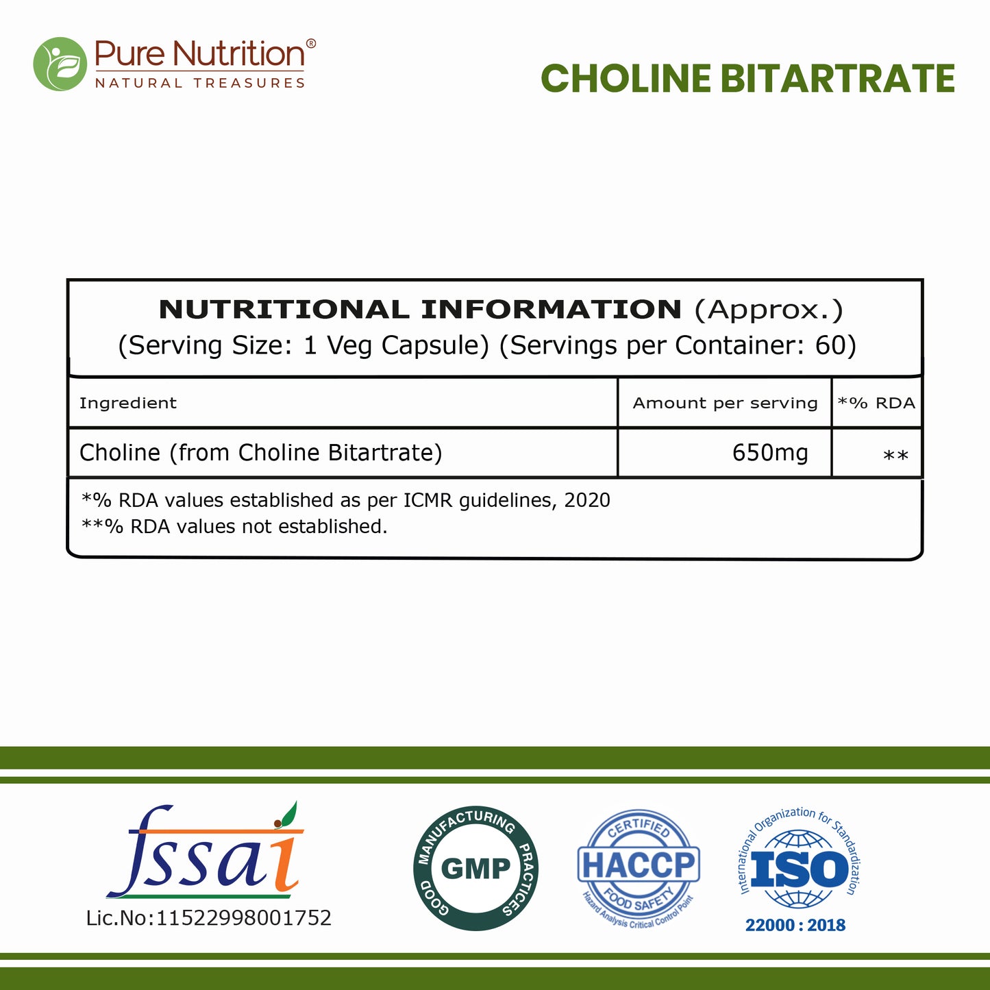 Choline Bitartrate 650mg  Brain, Nerve & Liver Support | 60 Veg Capsules