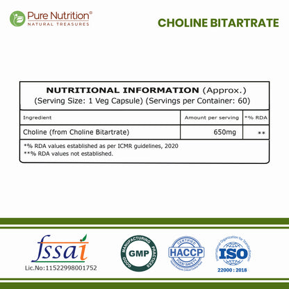 Choline Bitartrate 650mg  Brain, Nerve & Liver Support | 60 Veg Capsules