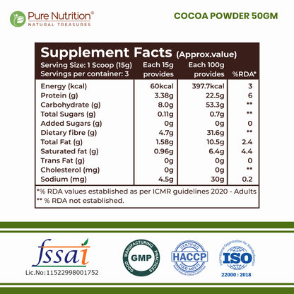 Cocoa Powder 50g | Unsweetened & Alkalized Cocoa Powder | Rich Chocolate Flavor for Baking, Beverages & Desserts