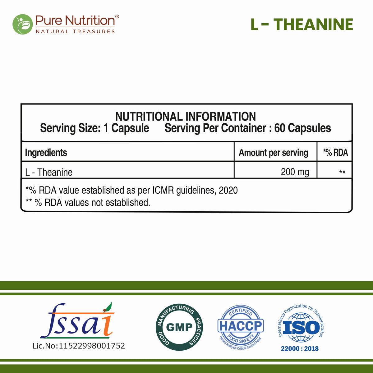 L-Theanine 200mg | Supports Calmness, Focus & Cognitive Function| 120 capsules