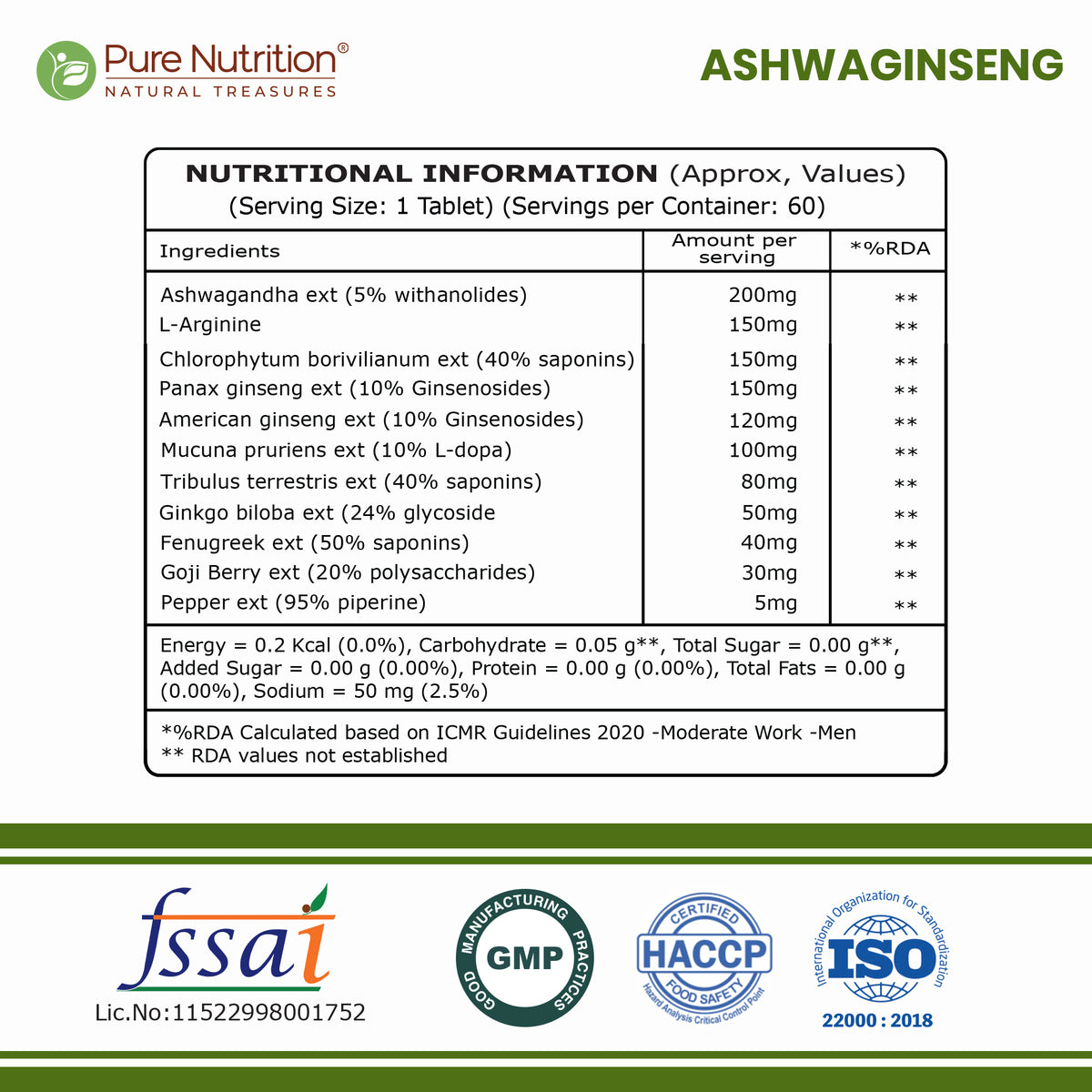 Ashwaginseng 60 Tabs  Energy & Improves Stamina with Ashwagandha, Ginseng & Herbal Extracts