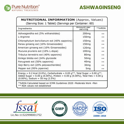 Ashwaginseng 60 Tabs  Energy & Improves Stamina with Ashwagandha, Ginseng & Herbal Extracts