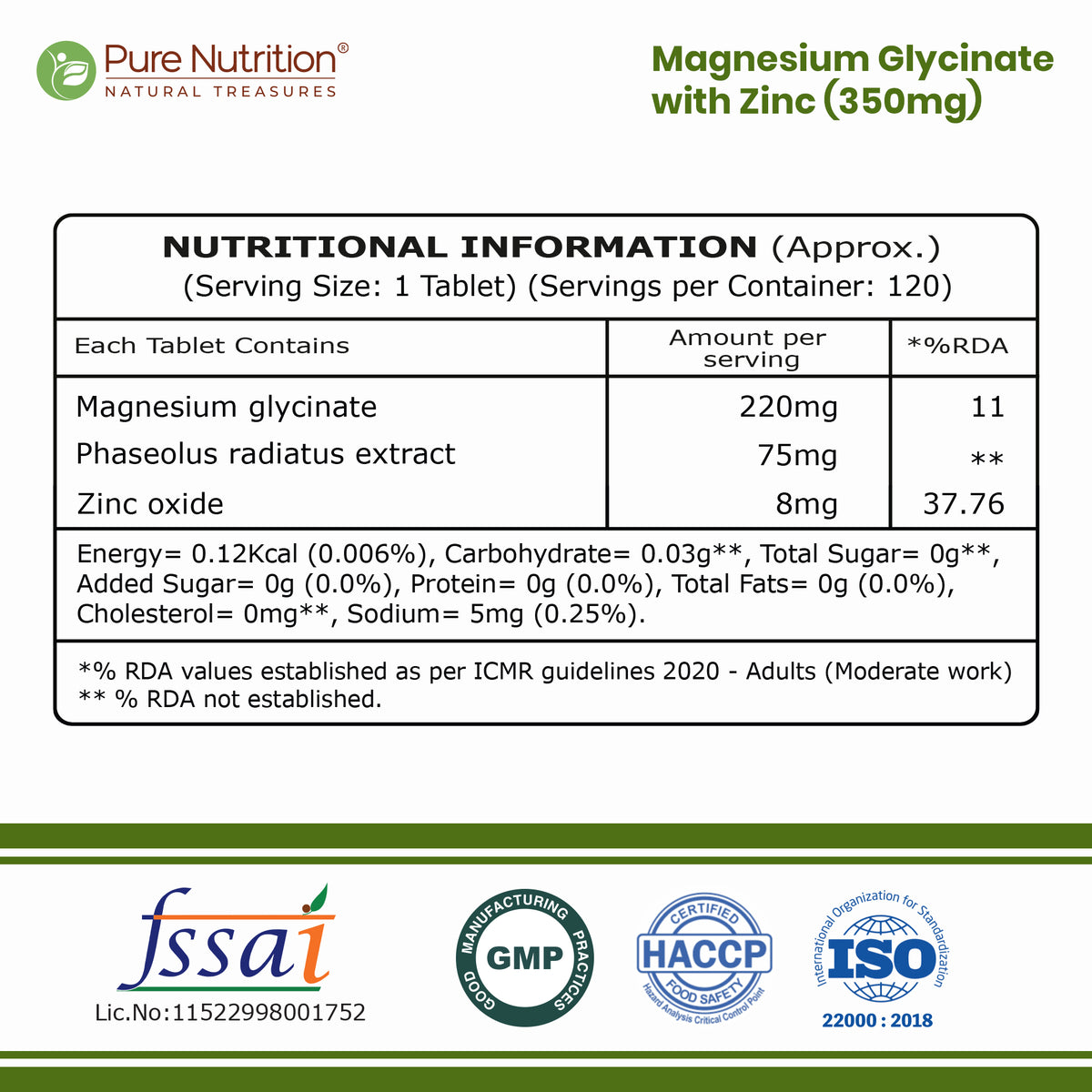 Magnesium Glycinate 350mg with Zinc Capsules | Sleep Support, Stress Relief & Bone Health | 120 Tablets