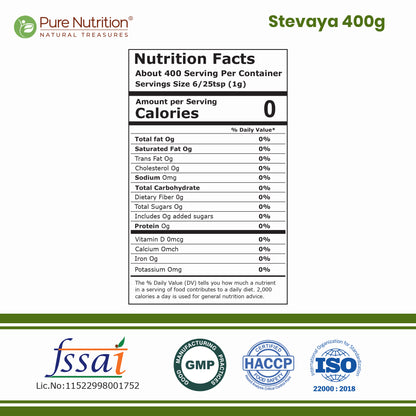 Stevaya Stevia Based Natural Sweetener - 400 Grams | Zero Calorie Sugar Substitute | Ideal for Beverages and Baking