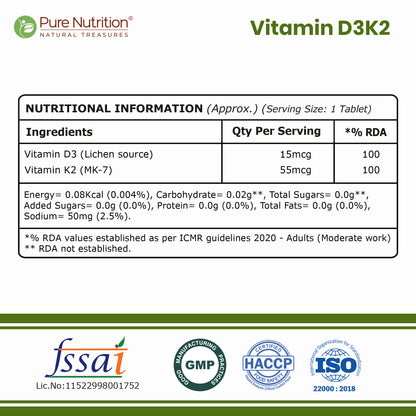 Vitamin D3 + K2 from Lichen  Bone, Heart & Calcium Support | 60 Tablets
