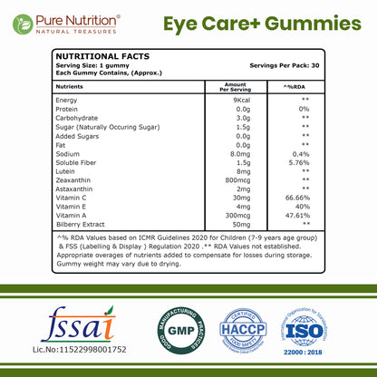 Kids’ Eye Care+ Gummies with Lutein, Zeaxanthin, Astaxanthin, Vitamin A & Bilberry | Lychee Flavour | 30 Gummies