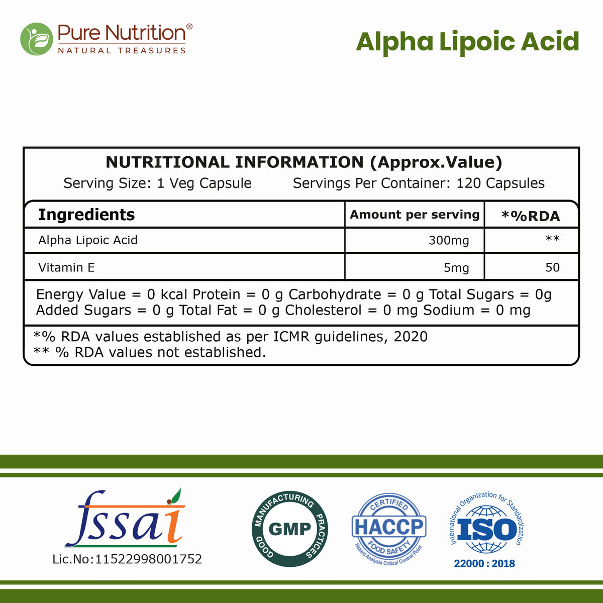 Alpha Lipoic Acid (ALA) 305 mg with Vitamin E | 120 Veg Tablets