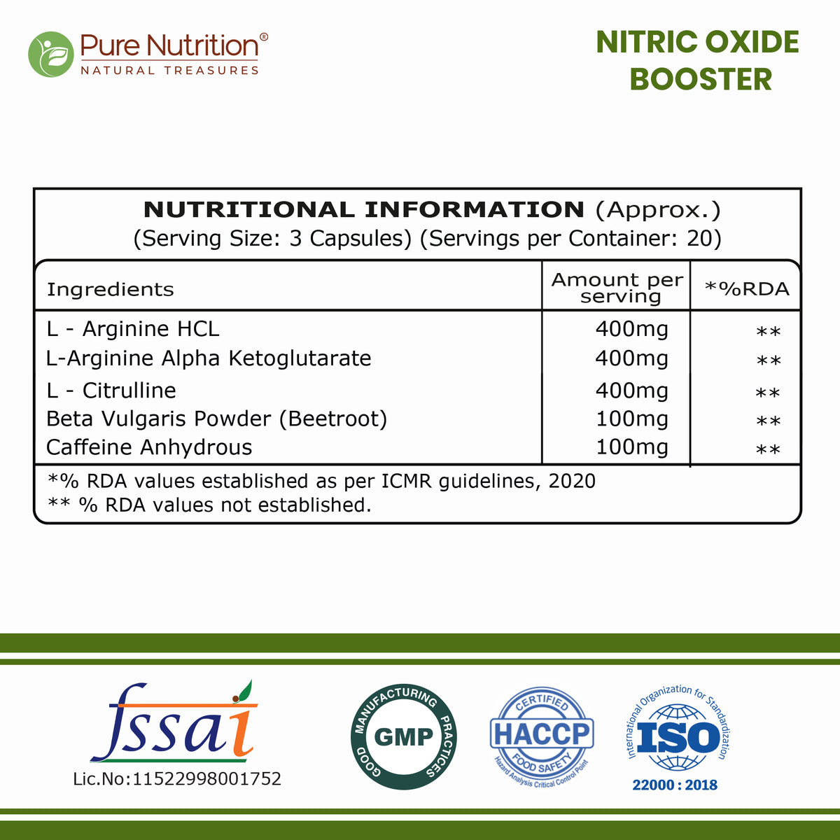 Nitric Oxide Booster  L-Arginine, L-Citrulline & Caffeine | 60 Veg Capsules