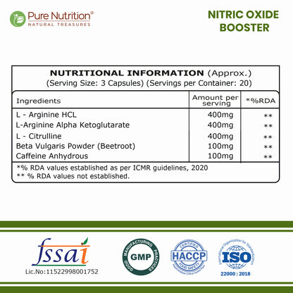 Nitric Oxide Booster  L-Arginine, L-Citrulline & Caffeine | 60 Veg Capsules