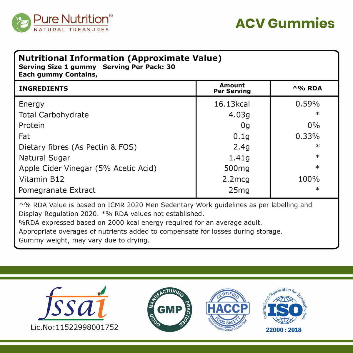ACV Apple Cider Vinegar Gummies | 500 mg Apple Cider Vinegar | Apple Flavour | 30 Gummies