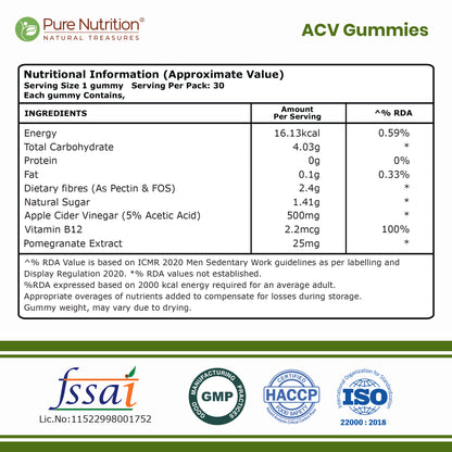 ACV Apple Cider Vinegar Gummies | 500 mg Apple Cider Vinegar | Apple Flavour | 30 Gummies
