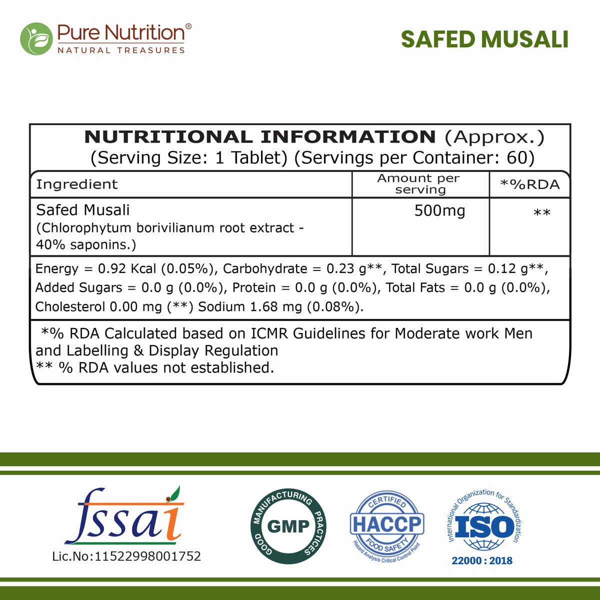 Safed Musli Capsules  Ayurvedic Vitality & Energy Supplement | 60 Veg Tablets