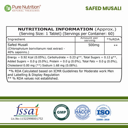 Safed Musli Capsules  Ayurvedic Vitality & Energy Supplement | 60 Veg Tablets