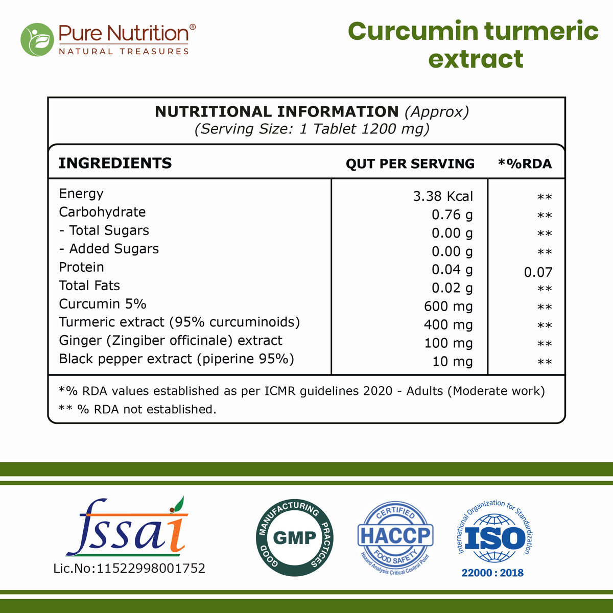 Curcumin Turmeric Extract 1200mg | 95% Curcuminoids & Piperine | 60 Tablets