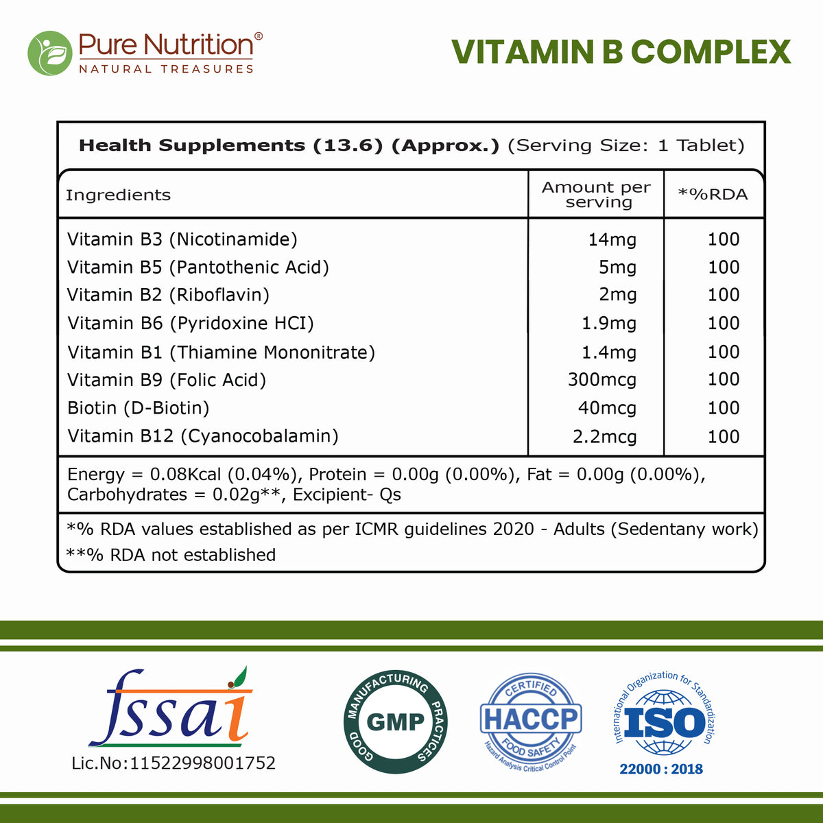 B Complex with Essential Vitamins B1, B2, B3, B5, B6, B7, B9, B12 - 60 Tablets  | Supports Energy, Metabolism, and Overall Wellness