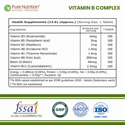 B Complex with Essential Vitamins B1, B2, B3, B5, B6, B7, B9, B12 - 60 Tablets  | Supports Energy, Metabolism, and Overall Wellness