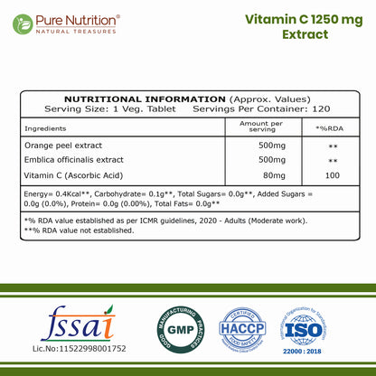 Vitamin C 1250 mg with Orange Peel & Amla Extract | 120 Veg Tablets