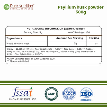 Psyllium Husk Isabgol Powder | Natural Fiber Supplement for Digestion & Regularity | 500g