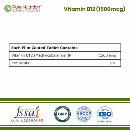 Vitamin B12 Methylcobalamin 1500 mcg  Energy, Nerve & Mood Support | 120 Tablets