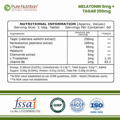 Melatonin with Tagar, Chamomile & L-Theanine  Natural Sleep Support Tablets