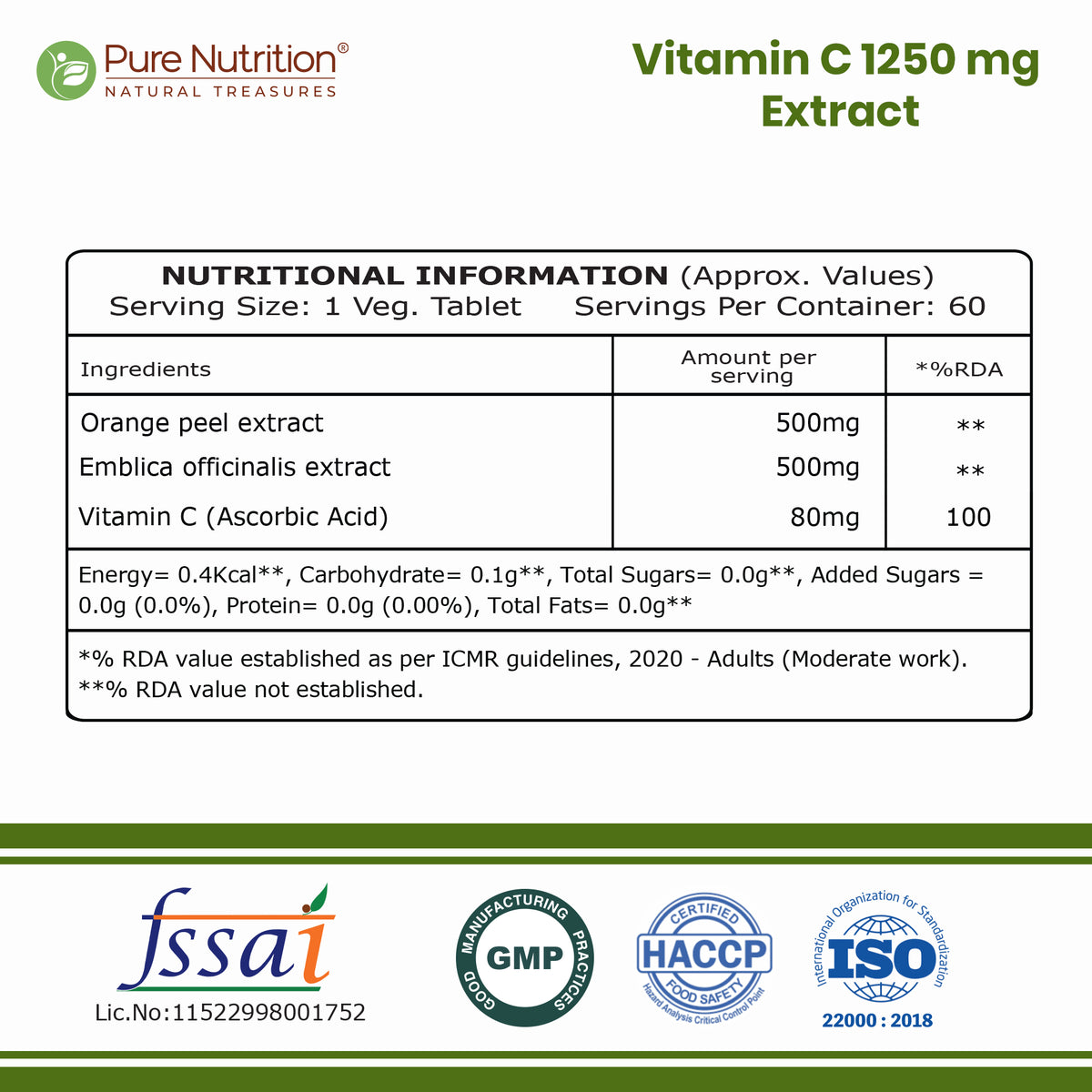 Vitamin C with Amla & Orange Peel 1250mg Immunity & Skin Health | 60 Tabs