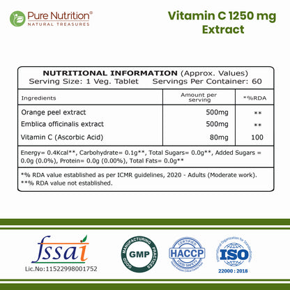 Vitamin C with Amla & Orange Peel 1250mg Immunity & Skin Health | 60 Tabs