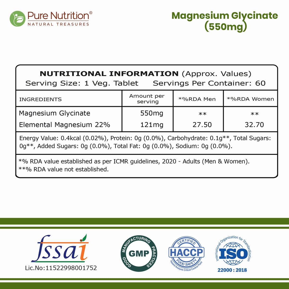 Magnesium Glycinate 550mg – High Absorption | Sleep, Stress & Muscle Health | 60Tablets