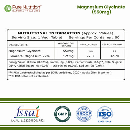 Magnesium Glycinate 550mg – High Absorption | Sleep, Stress & Muscle Health | 60Tablets