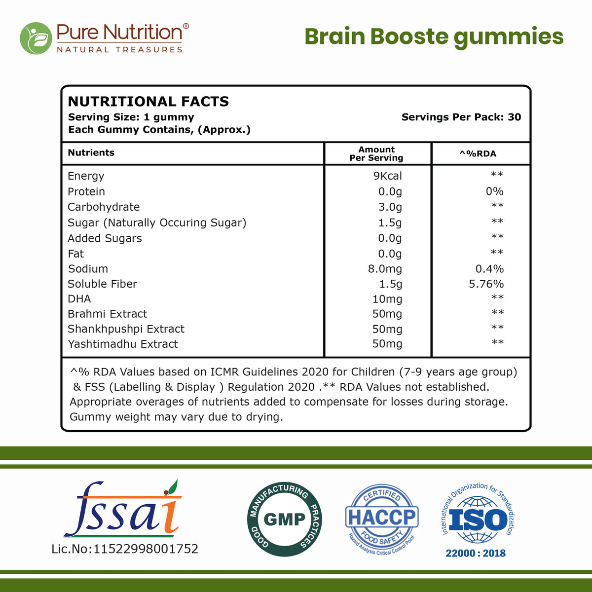Kids’ Brain Booster Gummies with DHA, Brahmi, Shankhpushpi & Yashtimadhu | Apple Flavour | 30 Gummies