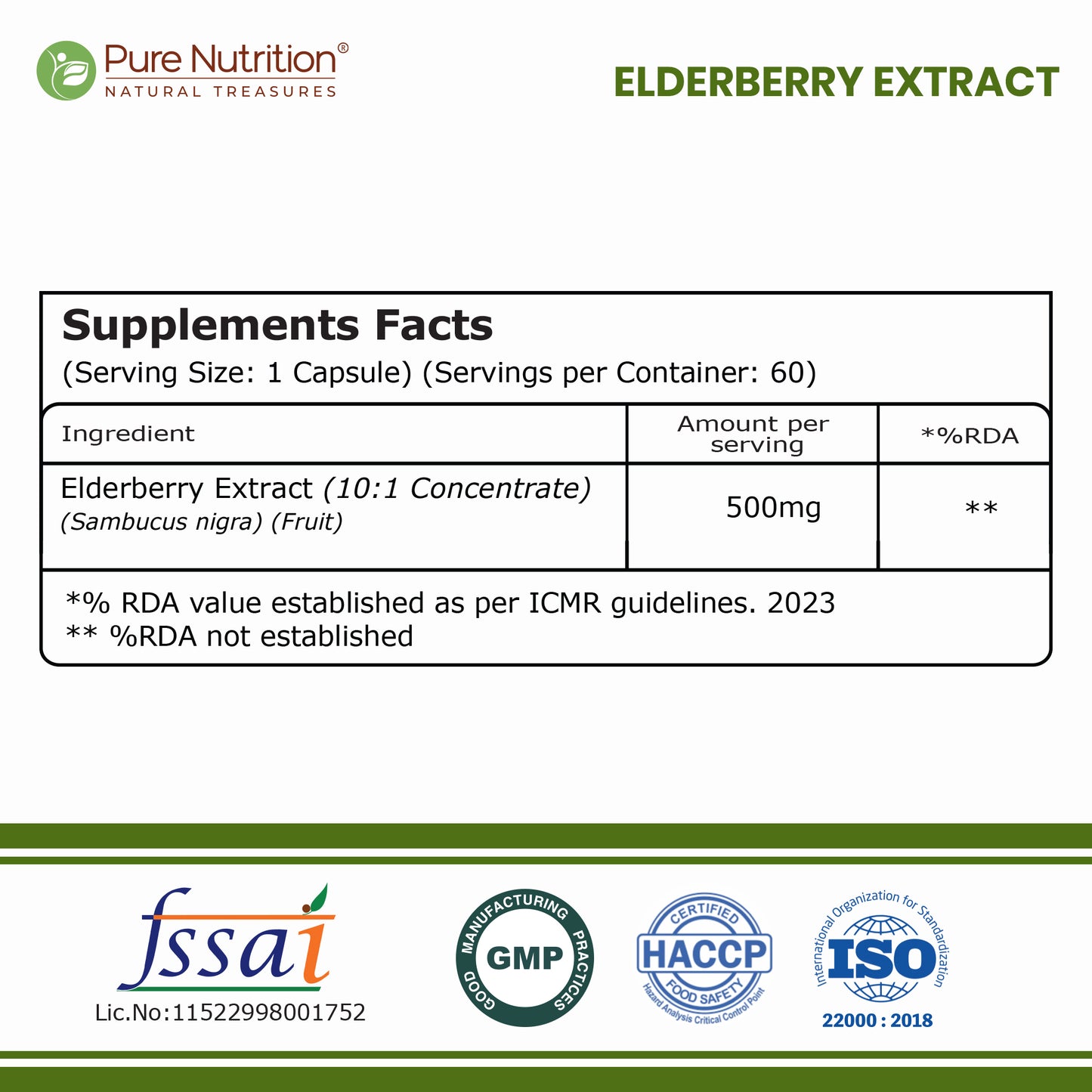 Elderberry Extract 500 mg | Sambucus Nigra Fruit Extract | 60 Capsules