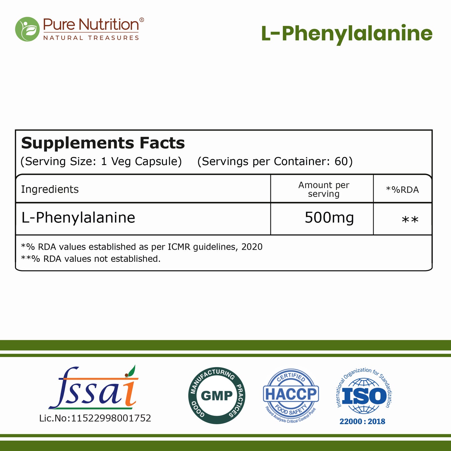 L-Phenylalanine 500 mg | 60 Vegetarian Capsules