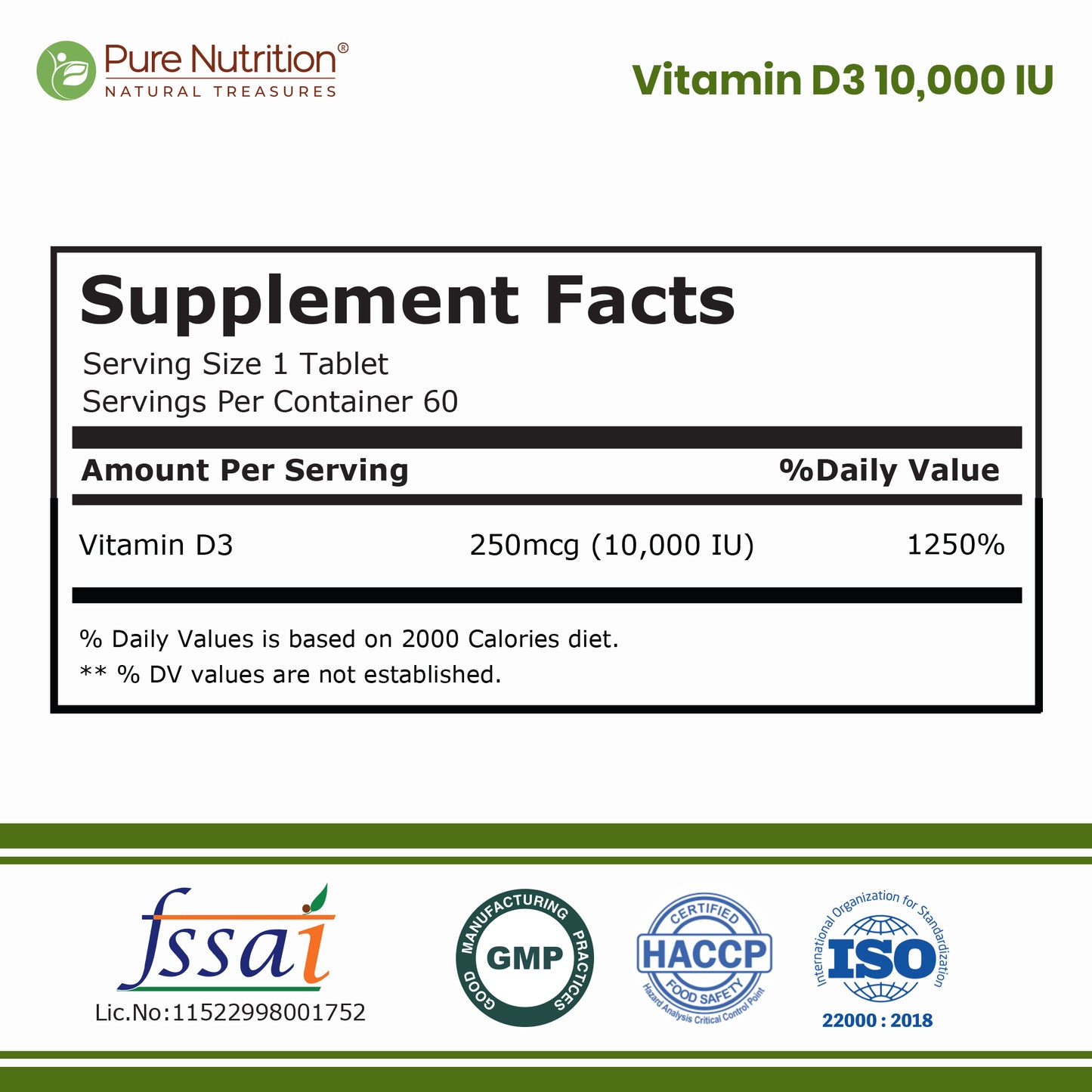 Vitamin D3 10,000 IU | 250 mcg Vitamin D3 | 60 Vegetarian Tablets