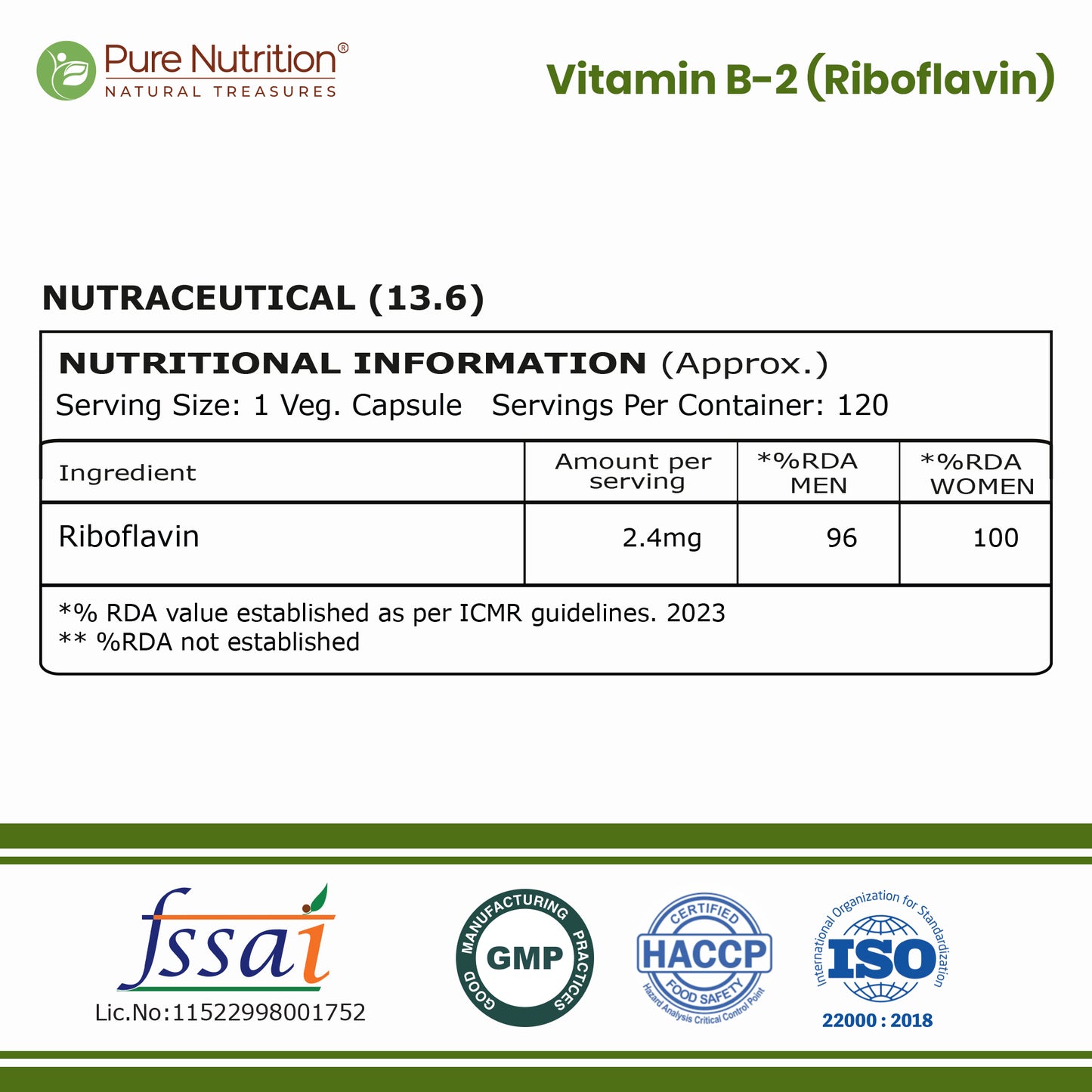 Vitamin B2 Riboflavin 2.4 mg | 120 Vegetarian Capsules