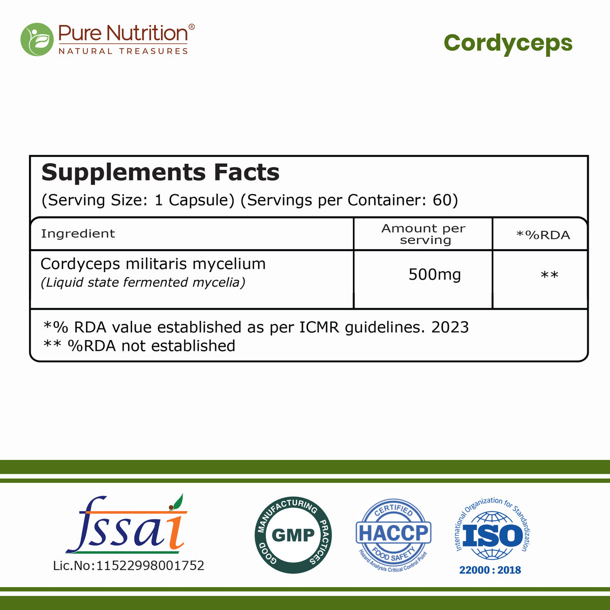 Cordyceps 500 mg | 60 Vegetarian  Capsules