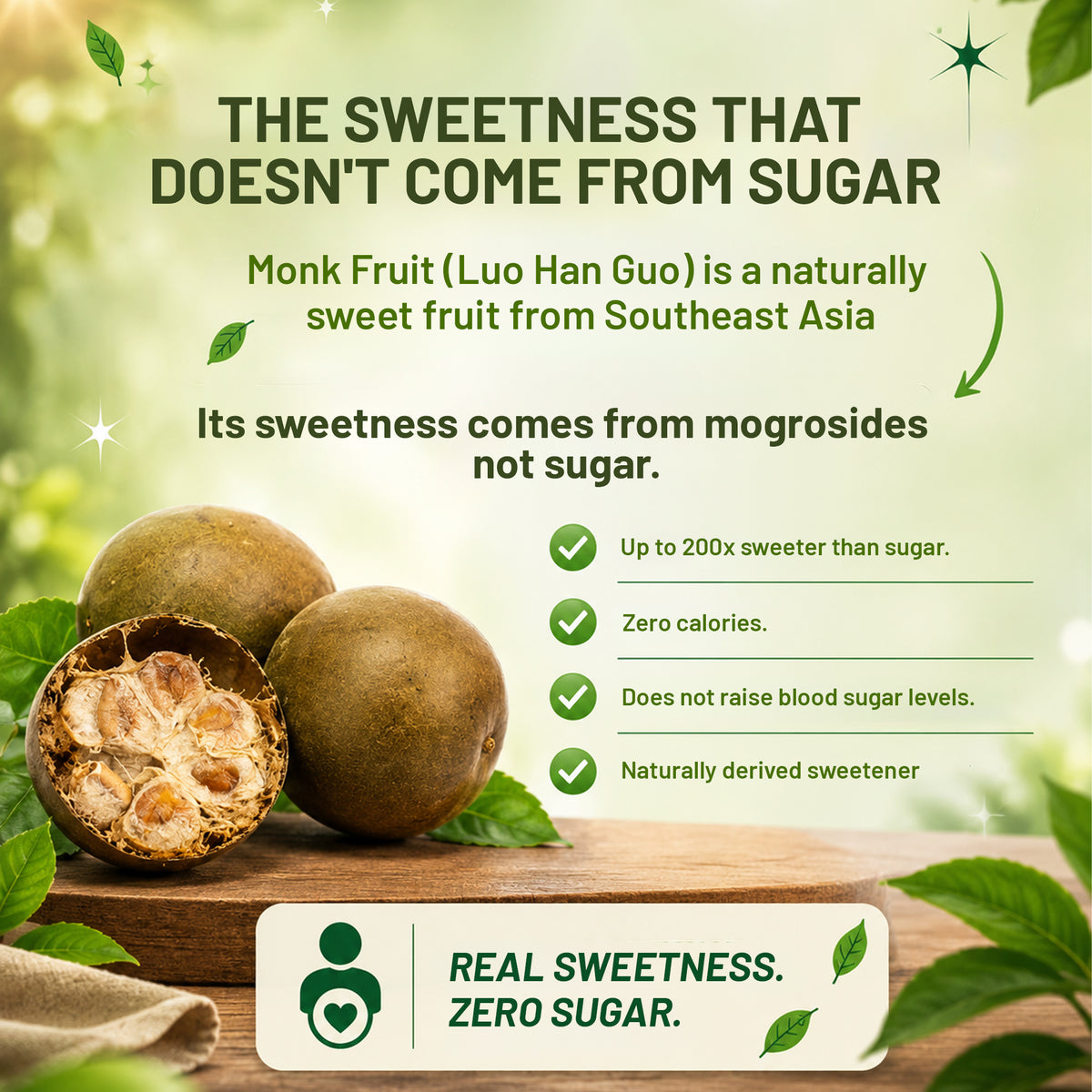 Monk Fruit Sweetener with Erythritol | Zero Calorie Sugar Substitute | 1:1 Sugar Replacement | 200g
