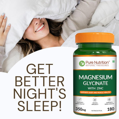 Magnesium Glycinate with Zinc | 350 mg Blend | 180 Tablets | Magnesium Glycinate, Zinc & Phaseolus Radiatus Extract | Daily Muscle, Bone & Nerve Support