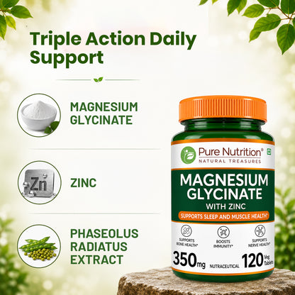 Magnesium Glycinate 350mg with Zinc Capsules | Sleep Support, Stress Relief & Bone Health | 120 Capsules