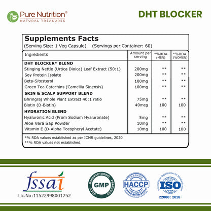DHT Blocker with Biotin, Hyaluronic Acid & Stinging Nettle Extract | Hair & Scalp Support | 700 mg | 60 Veg Tablets