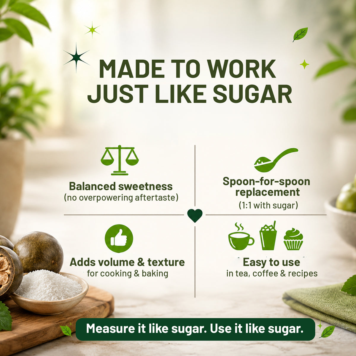 Monk Fruit Sweetener with Erythritol | Zero Calorie Sugar Substitute | 1:1 Sugar Replacement | 200g