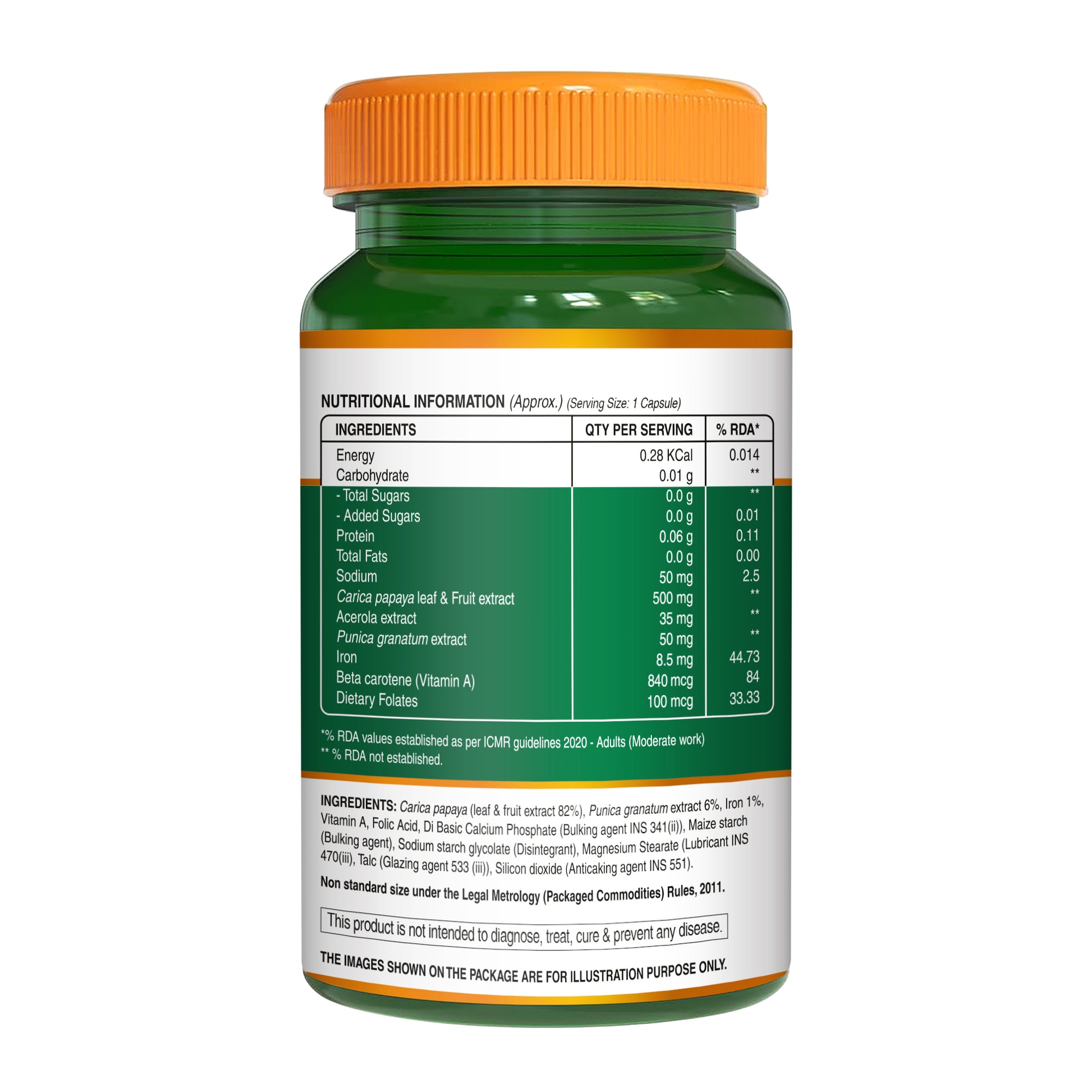 Back label of Pure Nutrition Papaya Fruit & Leaf Extract showing nutritional information, ingredients, dosage directions, and storage instructions.
