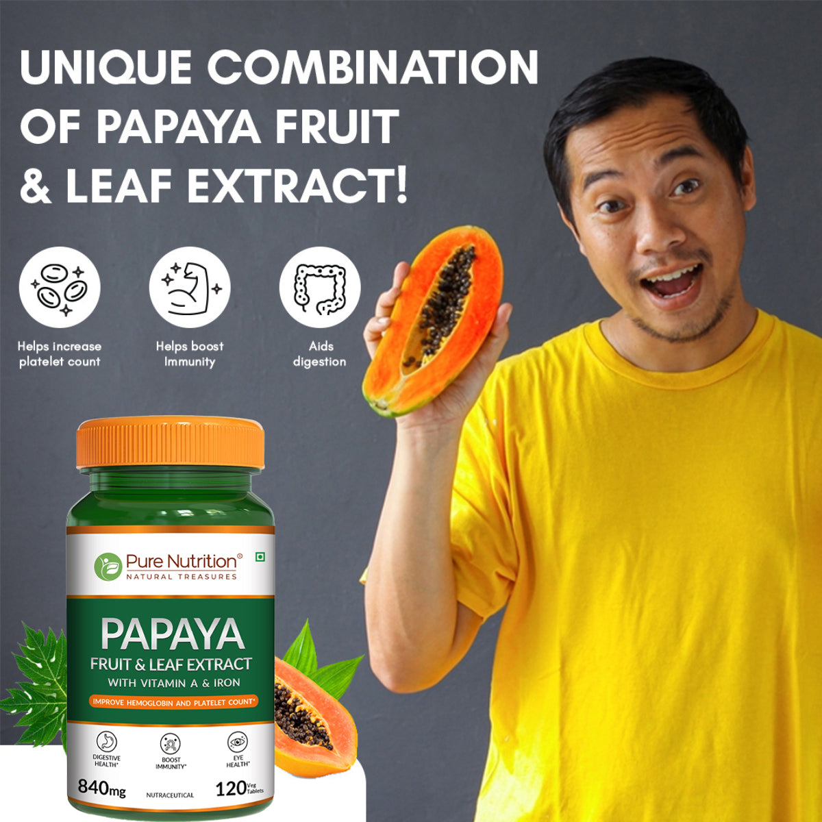 Infographic highlighting the unique combination of papaya fruit and leaf extract to support platelet count, digestion, and immune health.
