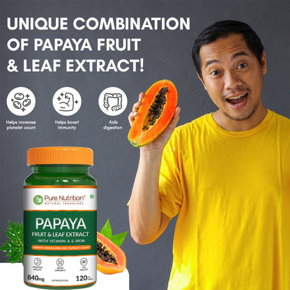 Infographic highlighting the unique combination of papaya fruit and leaf extract to support platelet count, digestion, and immune health.
