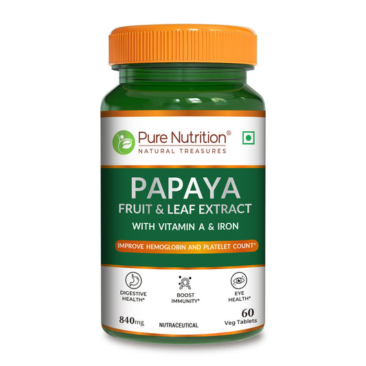 Front view of Pure Nutrition Papaya Fruit & Leaf Extract with Vitamin A and Iron tablets to support hemoglobin and platelet count.
