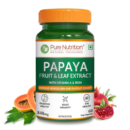 Pure Nutrition Papaya Fruit & Leaf Extract tablets displayed with papaya, papaya leaves, and pomegranate to highlight key natural ingredients.
