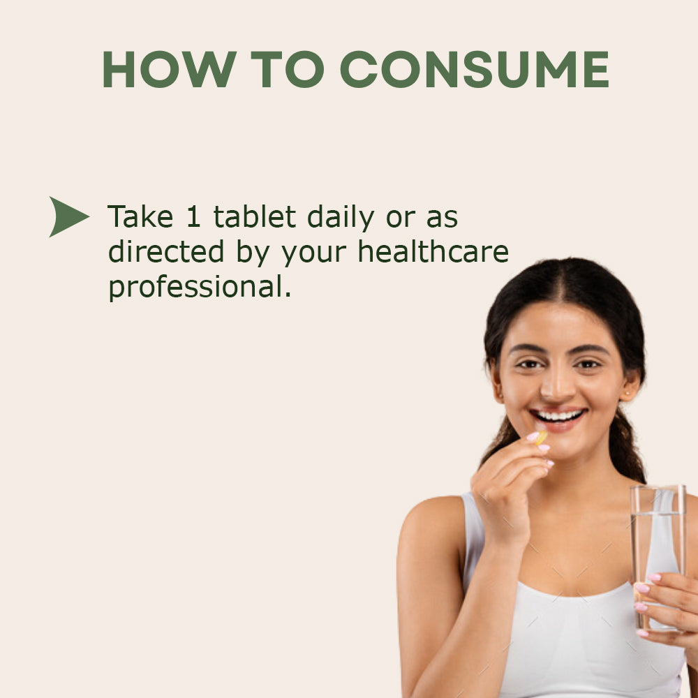 Usage guide recommending one tablet daily or as directed by a healthcare professional.
